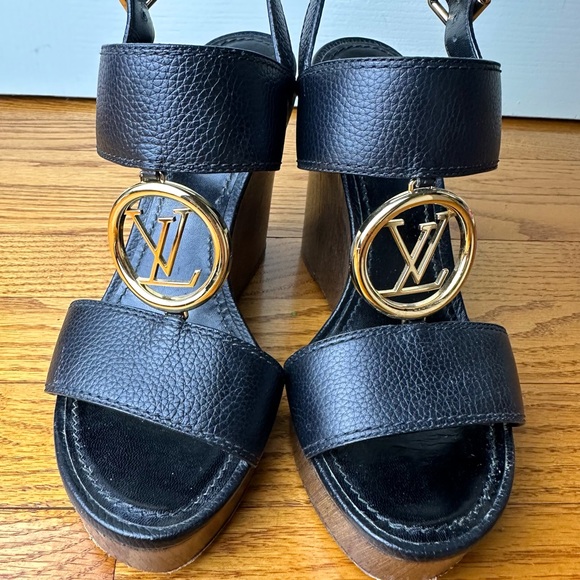 Louis Vuitton Shoes - Louis Vuitton Rare Black Wedges with Gold Logo 37 Excellent Condition